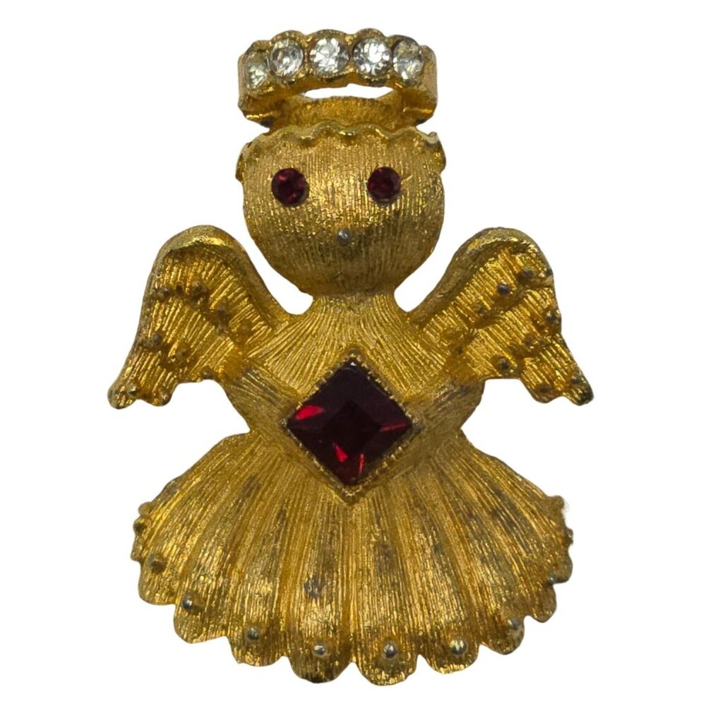 Vintage Ultra Angel Brooch Gold Tone with Red Rhinestone and Halo Holiday Pin